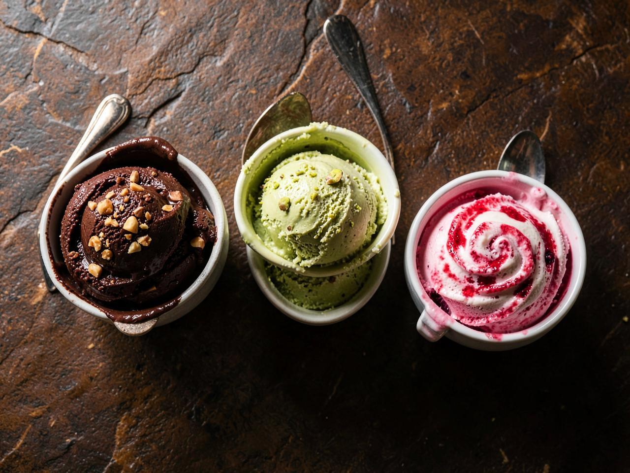 Helados artesanales de chocolate, pistacho y frutos rojos